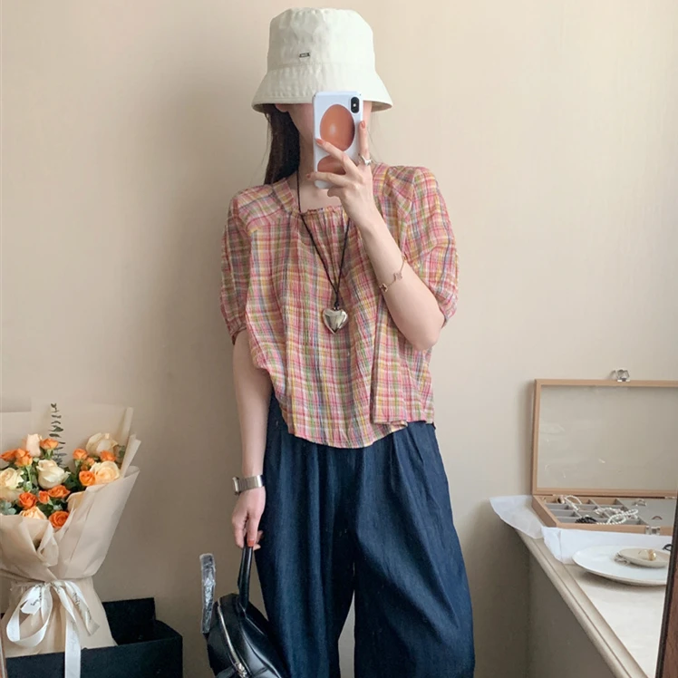 Summer New Girlish Cotton Square Collar Sweet Vintage Plaid Tops Puff Sleeves Casual Pastoral Style Back Lace-up Loose Blouses