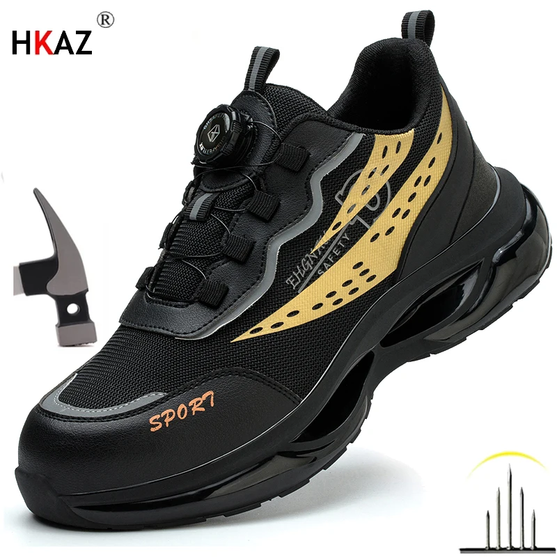 

Новая мужская защитная обувь с поворотной кнопкой, противоударная и противопрокалывающая обувь, нескользящая обувь, модная мужская спортивная обувь