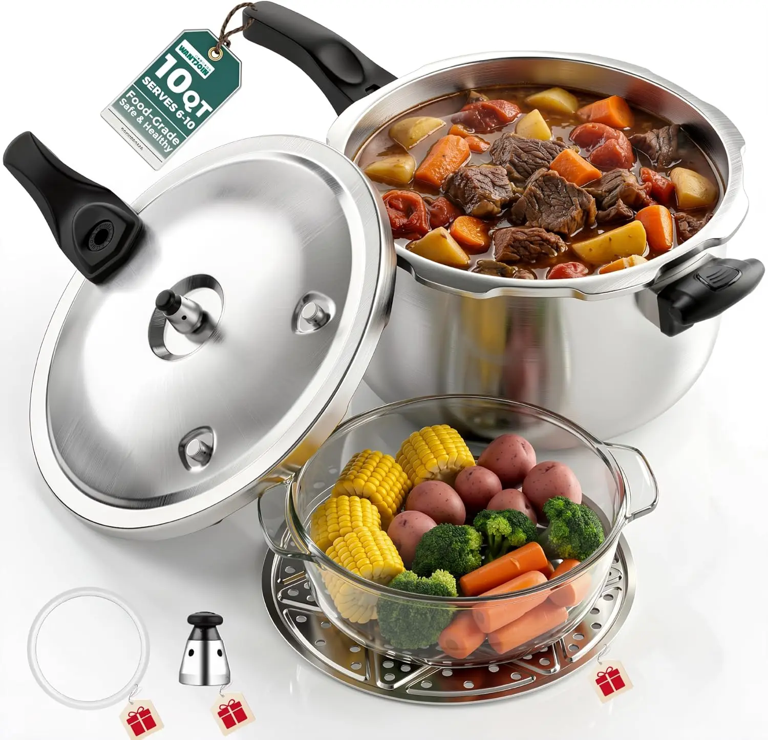 

Stainless Steel Pressure Cooker(Non-Aluminum),10 Quart Induction Compatible Pressure Cooker with Spring Valve Safeguard Devices,