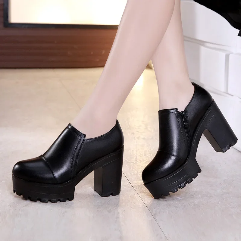 10cm Small Size 32-43 Deep Mouth Thick Bottom Platform Pumps with Fur 2024 Block High Heels Shoes Women for Office Model Party