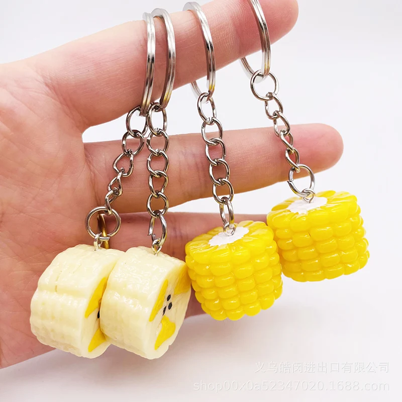 1pc Lifelike Corn Banana Metal Key Chain Creative Cute Resin Keyring Bag Car Keys Pendant Accessories Kids Gift