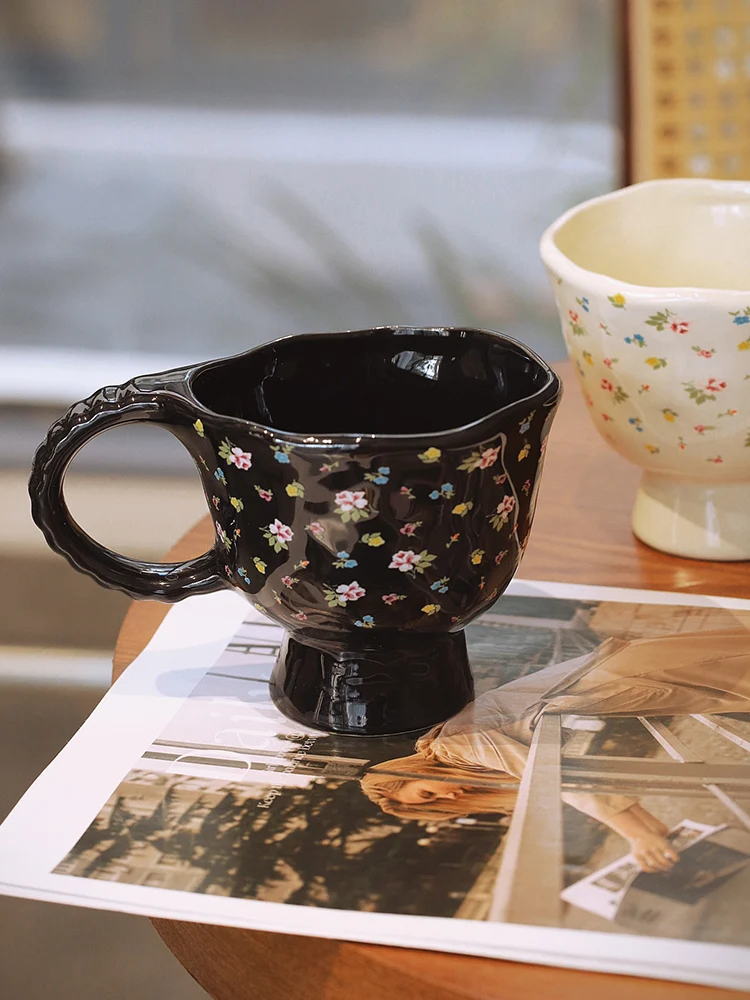 Ahunderjiaz-Black Vintage Ceramic Coffee Mug, Cartoon Kitchen Drinkware Set, Hand Carved Small Flower Girl Gift