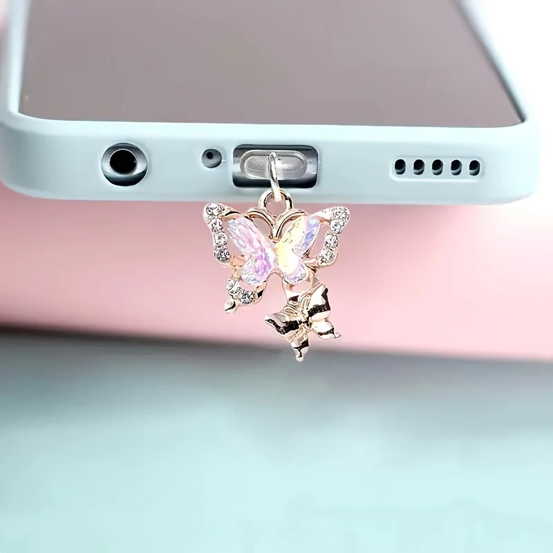 1PC New Butterfly With Artificial Diamonds Accessory Decoration For Phone Type-c Port Mobile Phone Dust Plug Pendant image 2