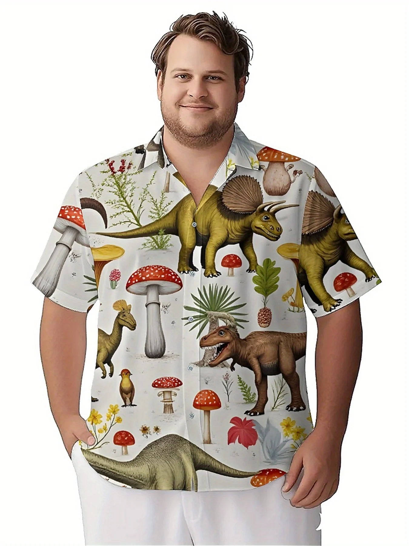 Men's Plus Size Hawaiian Shirts Dinosaurs and Natural Wonders Pattern, Summer Casual Tops, Suitable for Outdoor Party Streetwear