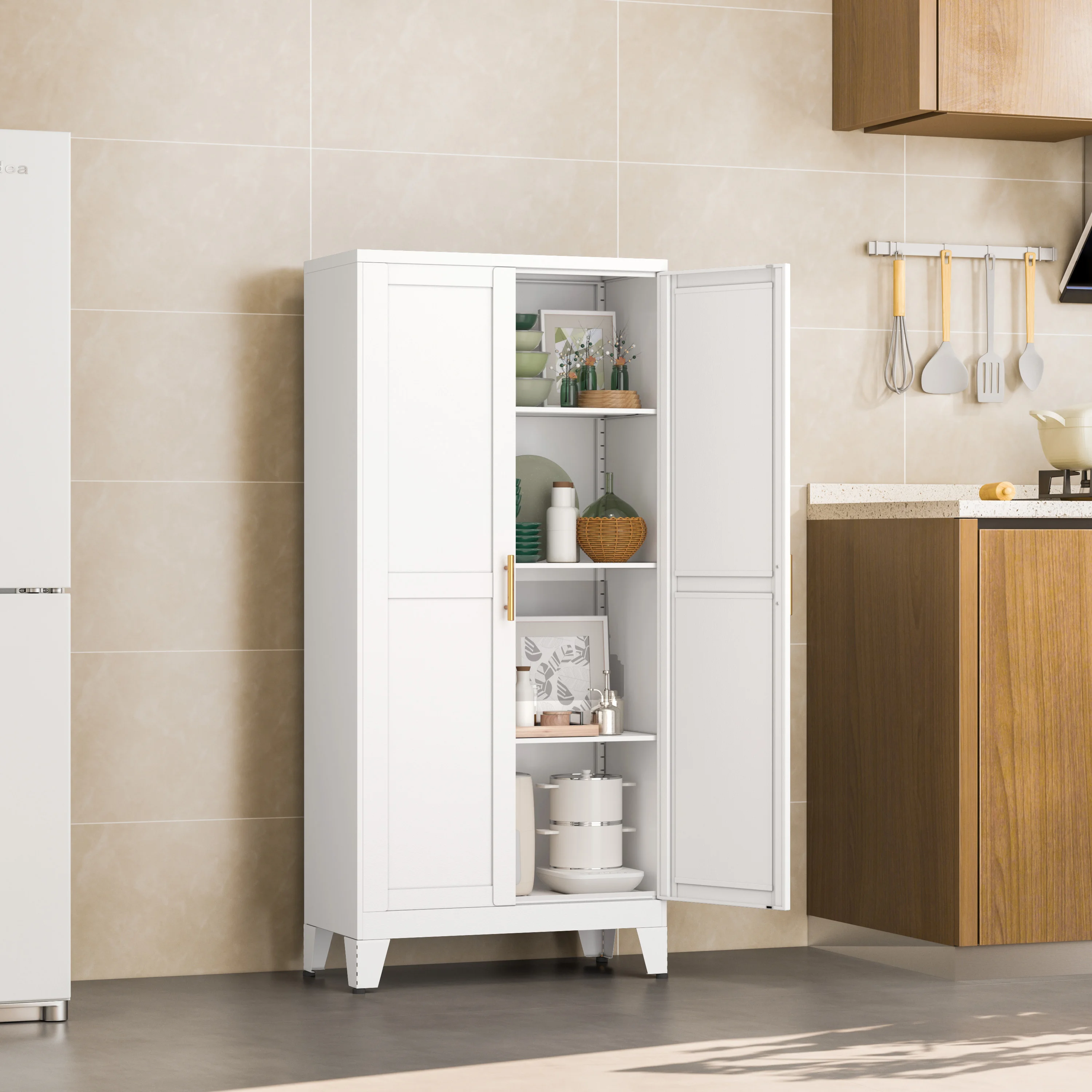

47.2 inch high metal kitchen utensil cabinet with 2 doors and 3 adjustable shelves, and utensil cabinet with adjustable leveling