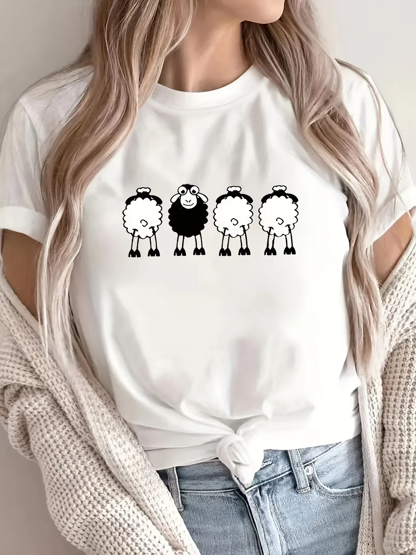 Summer Women Free Clothing Clearance Short Sleeve Top Four Sheep Cartoon Print Round Neck Aesthetic Casual Daily Women Clothing