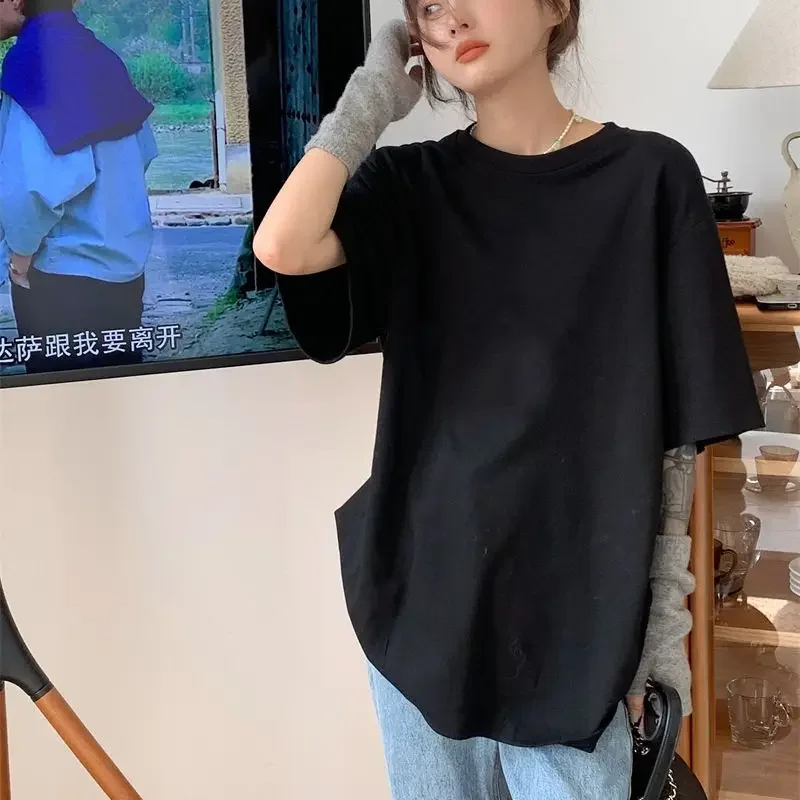 Camiseta de algodão puro manga curta feminina, extragrande, simples, gola redonda, top de meia manga, preto e branco, versátil, verão