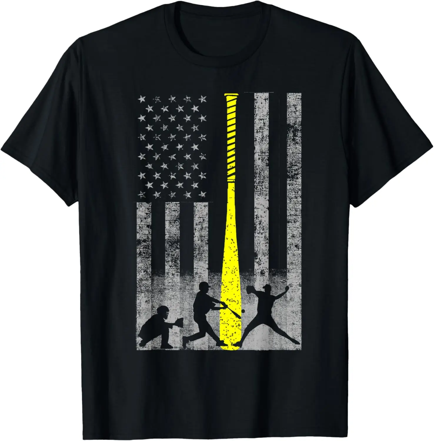 American Baseball Flag T-Shirt - Players and Yellow Bat