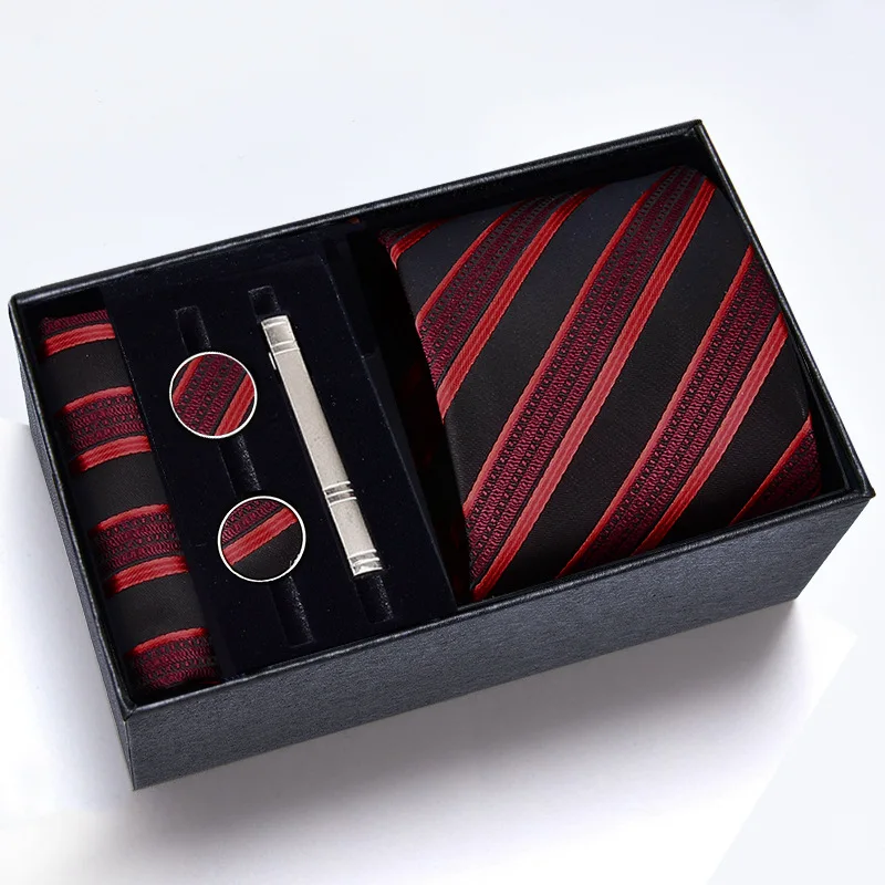 8cm Tie Clip Cufflinks Set Plaid Dot Striped Necktie Wedding Party Ties Set Handkerchief Men Business Gift Box Cosplay Accessory