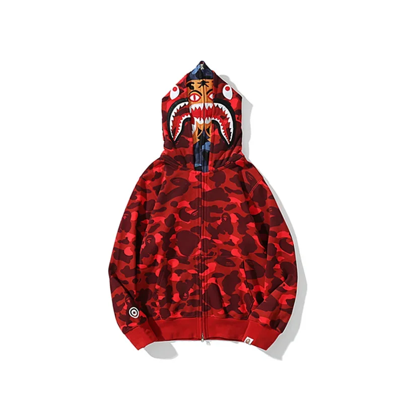 New AAPE BY A BATHING APE 100% Cotton Trendy Shark Zippered Hoodie for Men Fine Embroidery Loose Fitting Pure Cotton Hooded