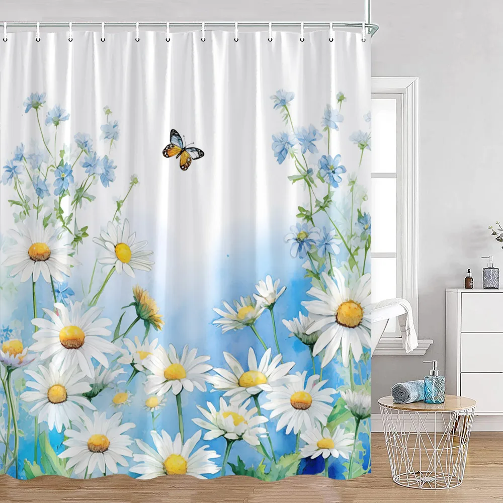 Green Eucalyptus Leaves Shower Curtain Butterfly Watercolour Plants Blue Floral Bath Curtains Modern Bathroom Decor with Hooks