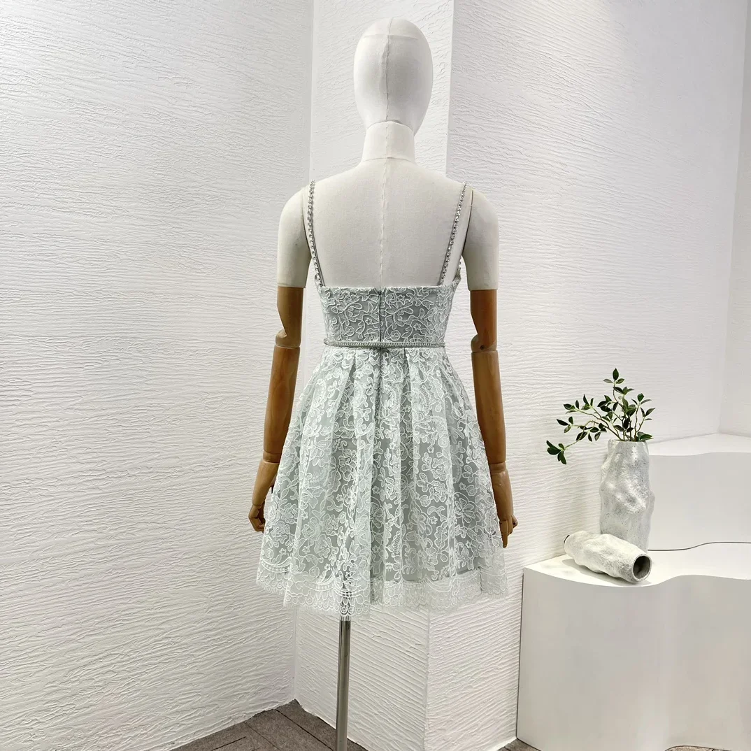 Mini robe spaghetti en fibre de dentelle verte menthe pour femme, diamants élégants pour la fête, qualité supérieure