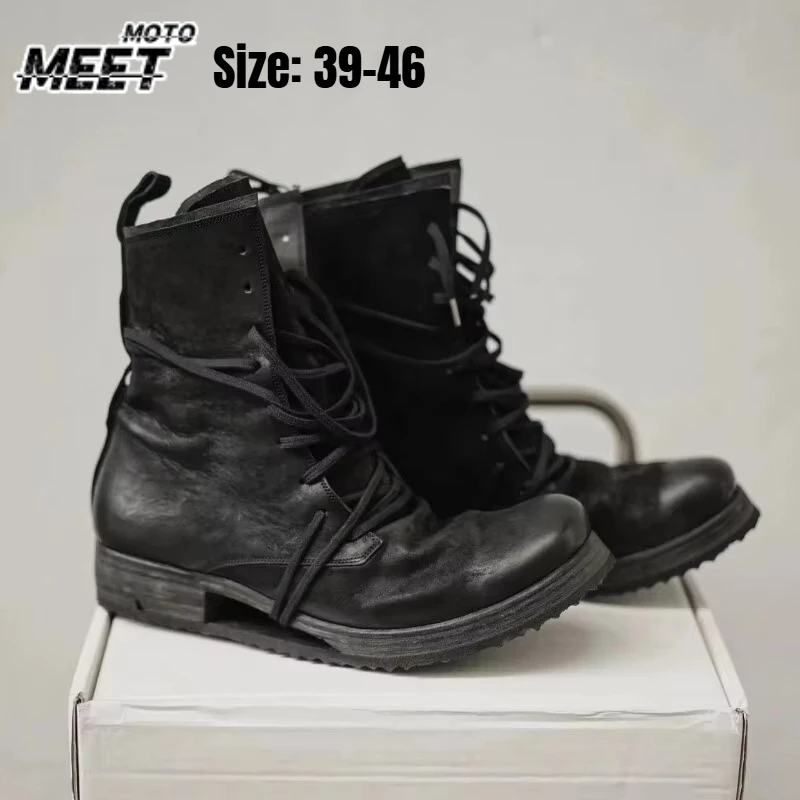 Black Leather Cross Strap Punk Ankle Boots for Men, Round Toe Lace-Up Short Biker Boots, Luxury Designer Handcrafted Men's Boots