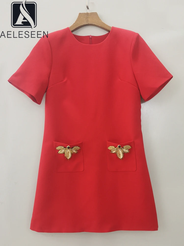 

AELESEEN Fashion Designer Summer Dress Women Mini Short Sleeve Solid Sequined Beading Embroidery Pocket Slim High Street Casual