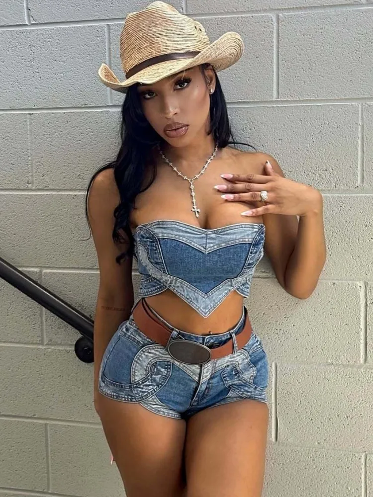 

Сексуальный модный женский комплект из 2 предметов, 2025 г., джинсовые эластичные джинсы без бретелек без рукавов, топы и шорты, одинаковые комплекты, наряд