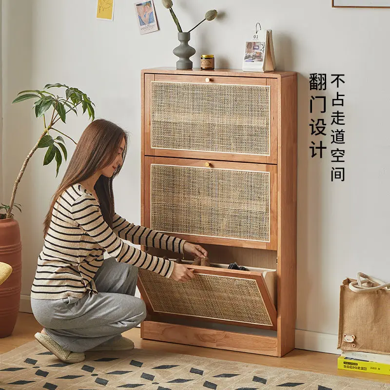 Solid wood rattan shoe cabinet floor ultra-thin tipping bucket shoe cabinet