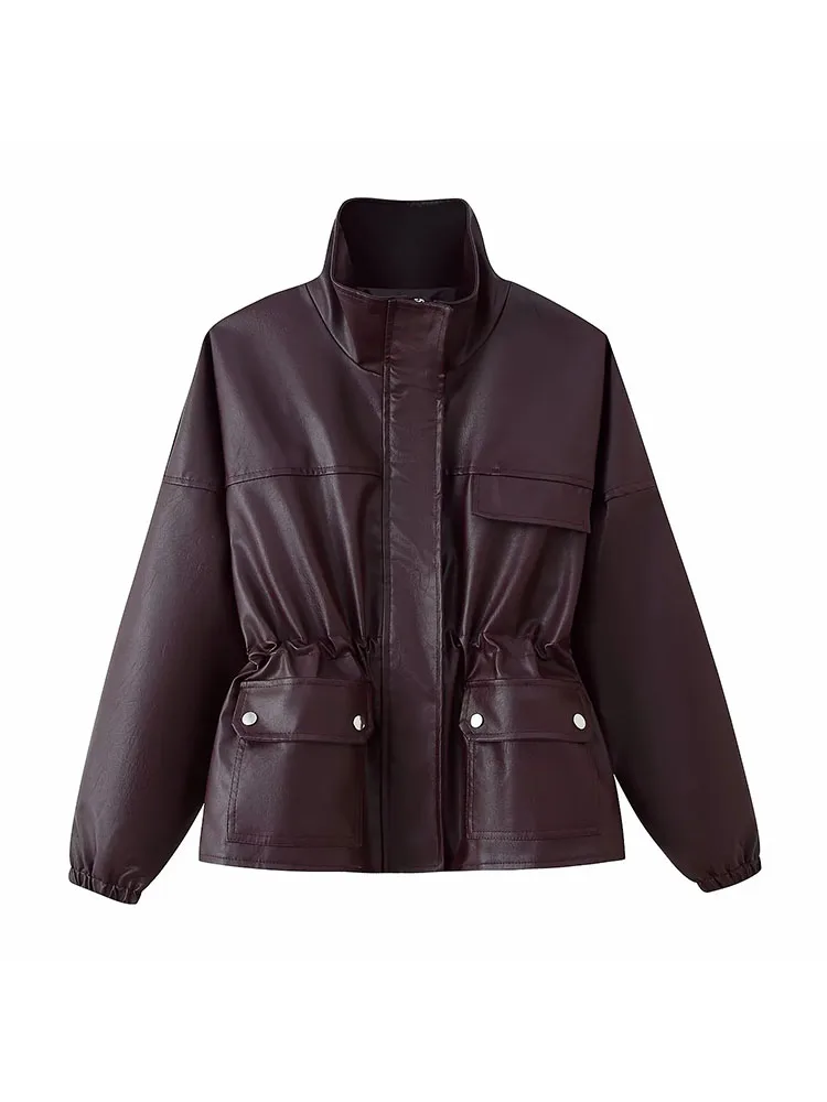 여성 가을 겨울 가죽 패션 벨트 지퍼 재킷 여성 스탠드 칼라 긴팔 포켓 오토바이 코트 스트리트 여성 상의