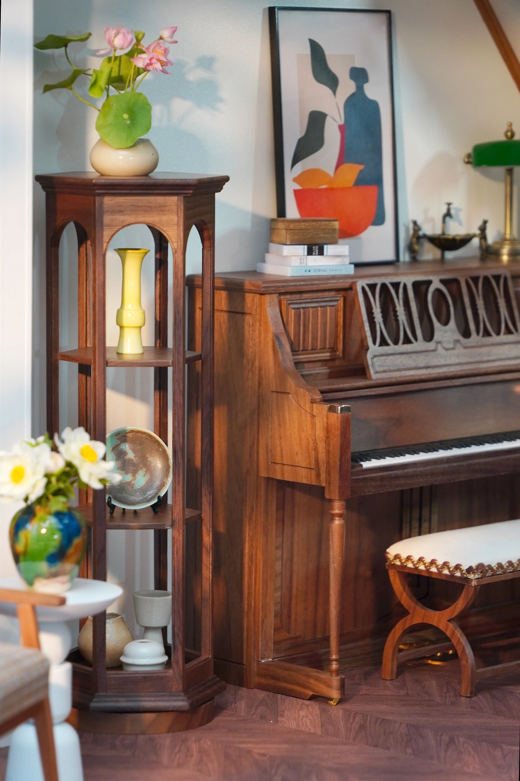 1/6 doll house miniature toy solid wood upright piano piano stool set（Attached piano score）