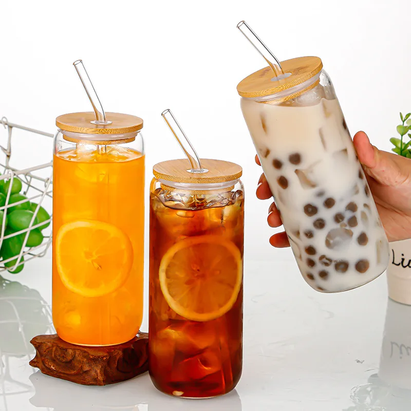 

380ml/600ml Glass Straw Cup with Wooden Lid,for Coffee Milk Coke, Breakfast Drinkware, Leakproof Beverage Mug, Holiday Gift