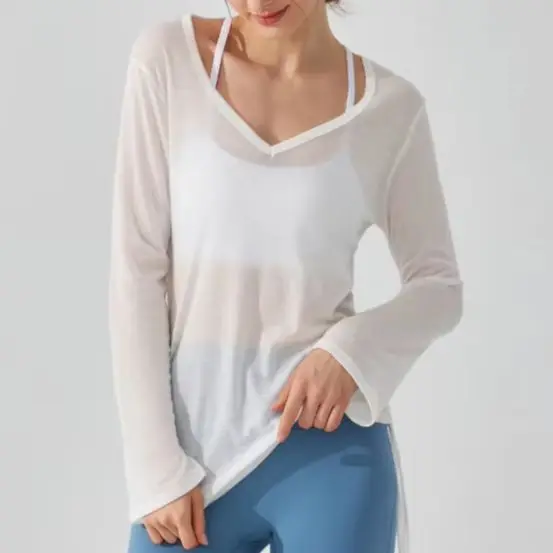 Women Drawstring Lightweight Long Sleeve Athletic Top Loose Running Cover Up Hip Cover Irregular Hem Pilates Workout Yoga Shirt