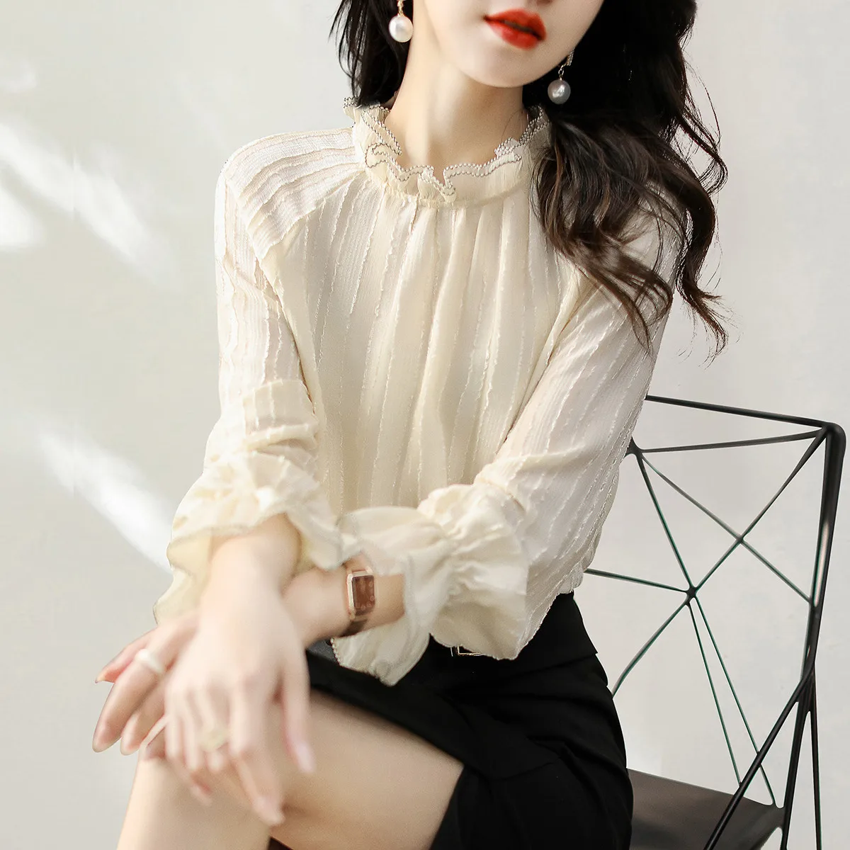 

Slimming Effect Korean Sle Loose Fit Women's irt New Autumn Collection Casual Lace Detailed Breathable Long Sve Polyester