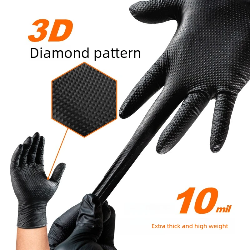ExtraThick Diamond Pattern Disposable Nitrile Gloves, Wear-Resistant Pure Nitrile Gloves for Industrial Automotive HeavyDuty Use