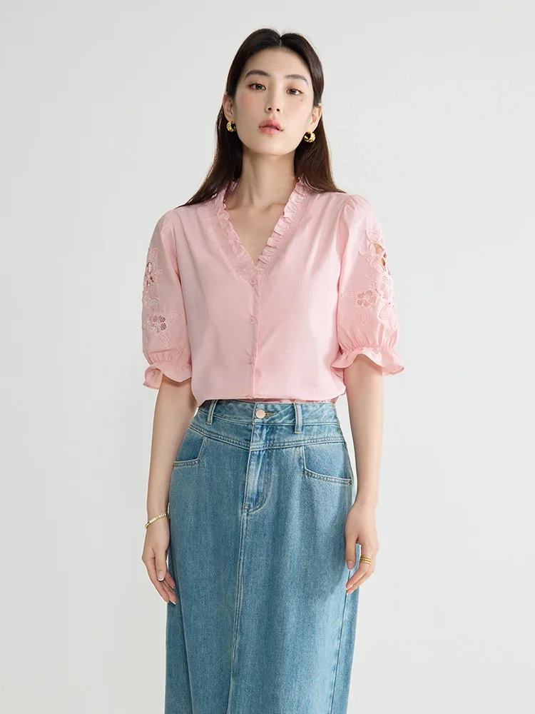 DUSHU French Romantic Style Embroidery All-Match Commuter Casual Women Shirt 2024 Summer New Sweet Style Female Top 24DS82562