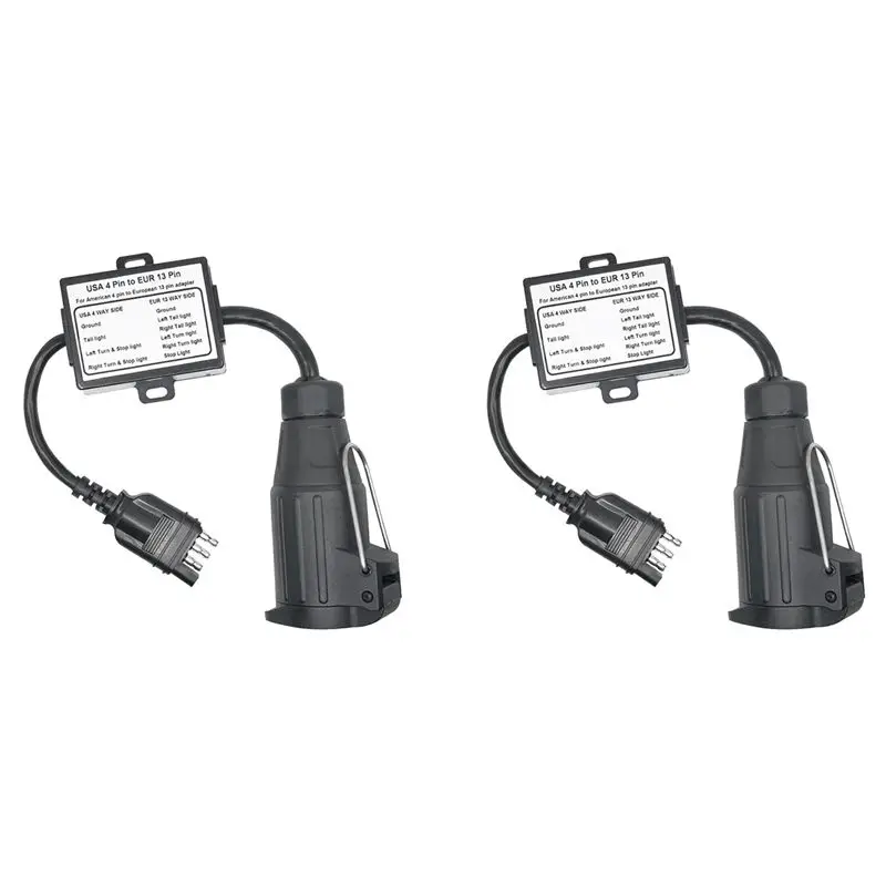 2X US To EU Trailer Light Converter For US Cars 4-Pin Flat Plug Socket To European Trailer 13-Pin Round Plug-AS55