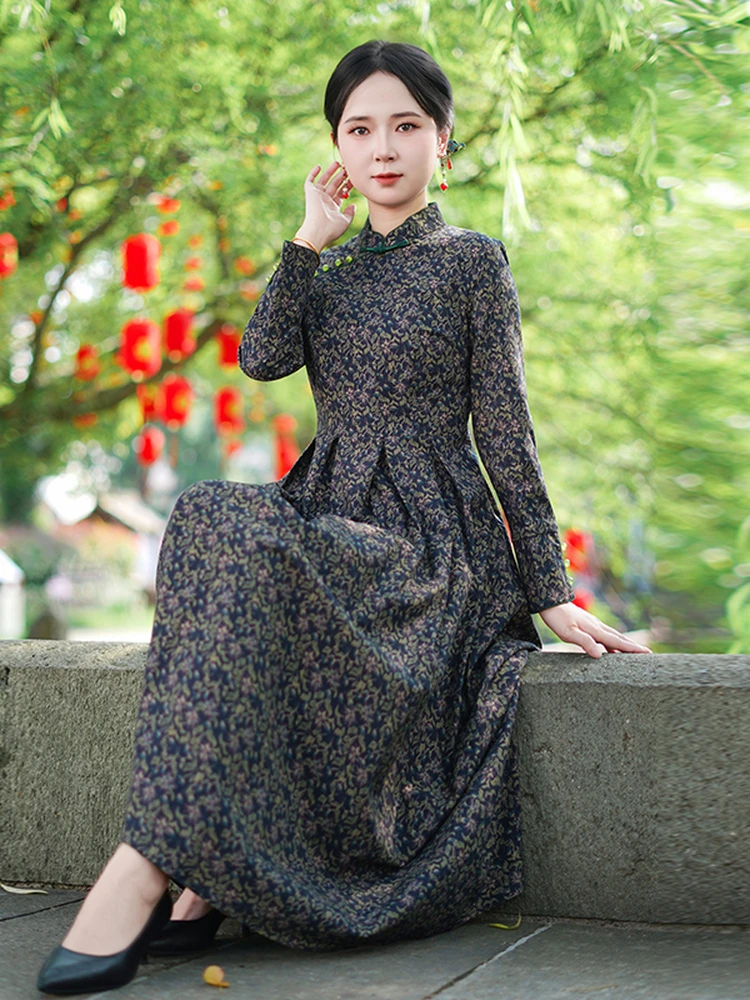 

Ele Slimming New Chinese Sle Long Qipao Women's Faion Retro Design Cotton Material Breathable Daily Wear