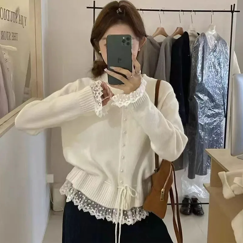 Sueter Feminino New Sweet O-Neck Lace Knitted Sweater Women Cardigans Long Sleeve Lace-up Knit Sweater Cardigan Women Tops Q7710