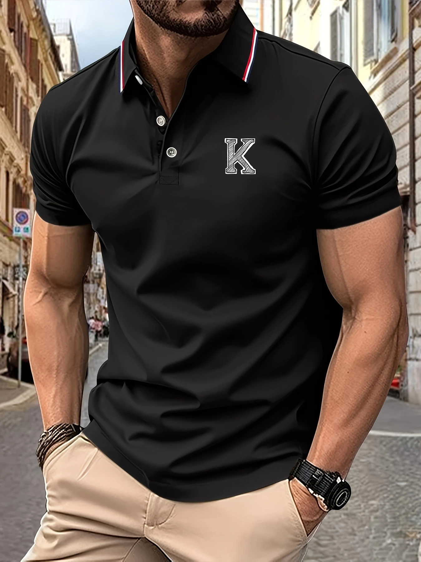

2025 New Men's Polo Shirt Letter K Print Lapel Stripes Summer Polyester Classic Fit Soft Touch Business Casual Daily Top