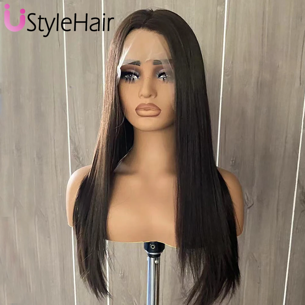 UStyleHair Dark Brown Wig Synthetic Long Silky Straight Hair Heat Resistant Lace Front Wigs Free Part Daily Used Cosplay Party