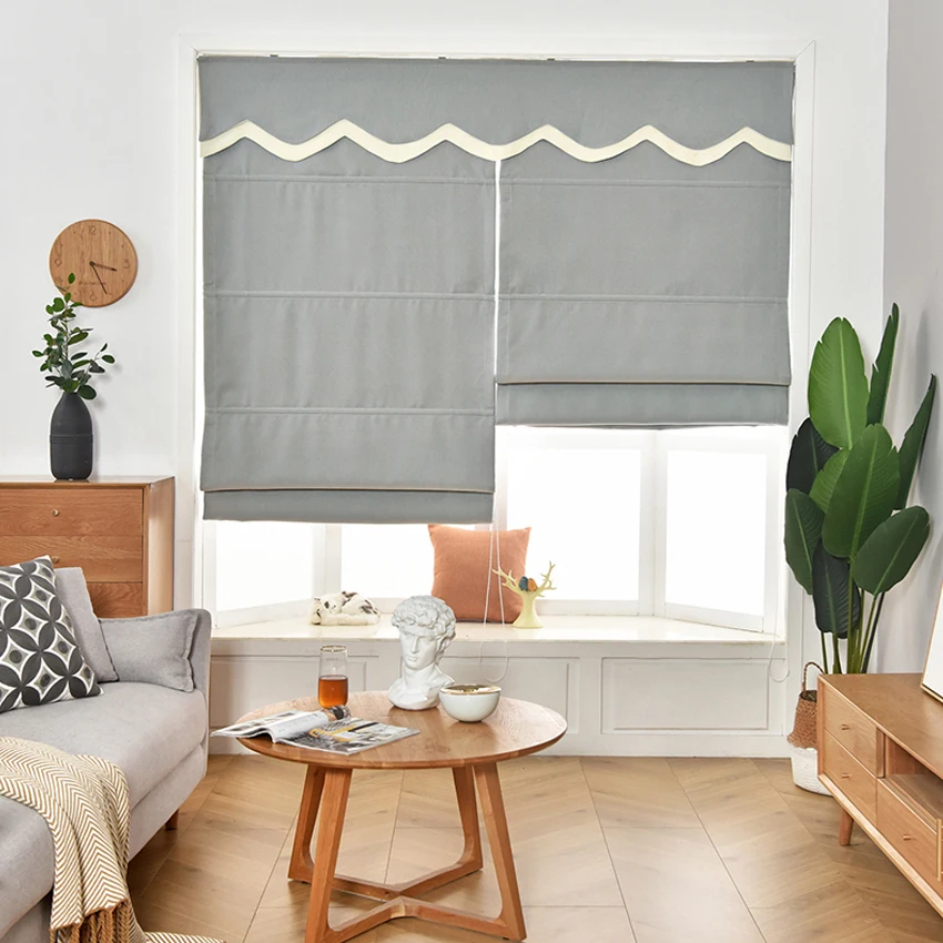 Modern Solid Grey Color Flat Roman Shade With Hardware Included Custom Window Curtains For Living Room