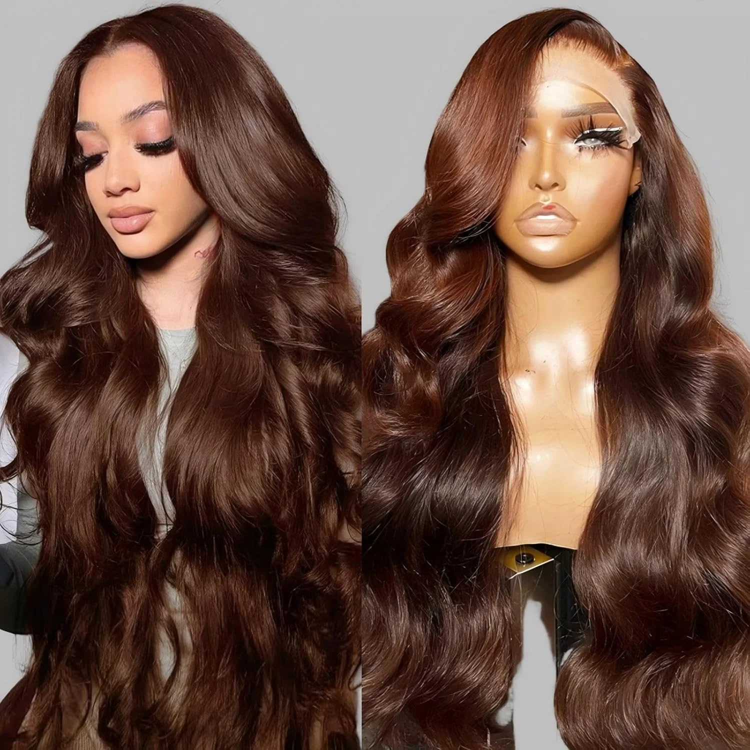 46 Inch Chocolate Brown Lace Frontal Human Hair Wig 250 Density Pre Plucked Brown Hair Wig 5X5 HD Body Wave Lace Front Wig Human
