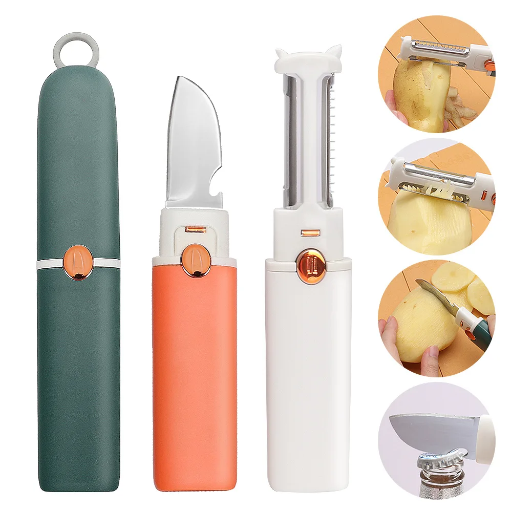 

Two-ended fruit peeler Portable peeler Stainless steel 4-in-1 peeler Kitchen bottle opener small tool