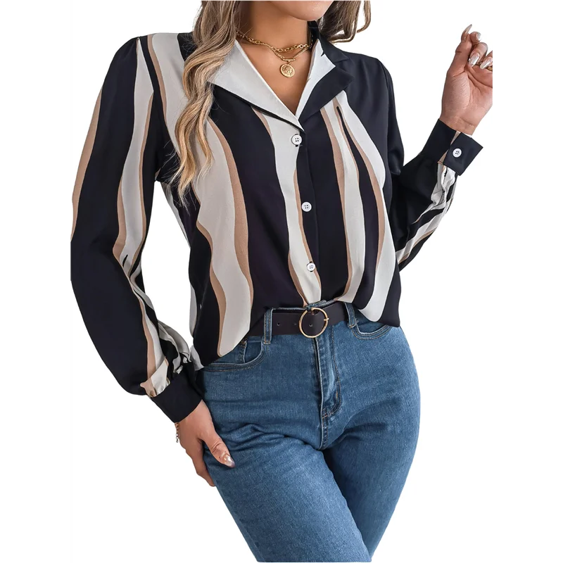 

ASDS-Women's 2025 Casual All-Match Contrast Color Striped Suit Collar Long-Sleeved Shirt Tops