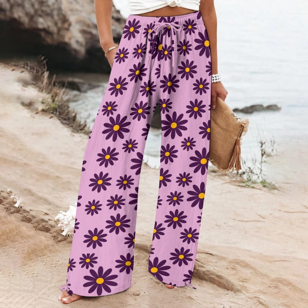 

Purple Daisy Drawstring Low Waist Baggy Sweatpants Women Casual Loose Straight Leg Pants Leisure Summer Streetwear Trousers