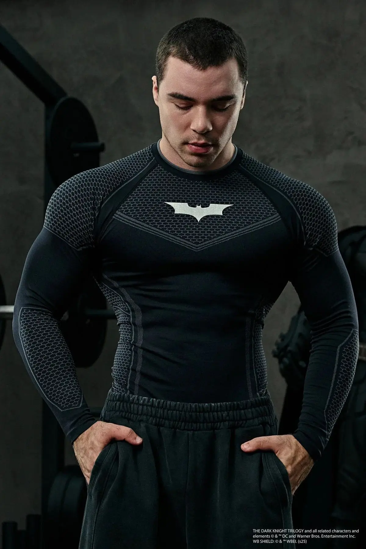 Men's Compression Long Sleeve Shirt Superhero Bat Print Workout Tops Breathable Quick Dry Athletic Base Layer for Gym Running Tr