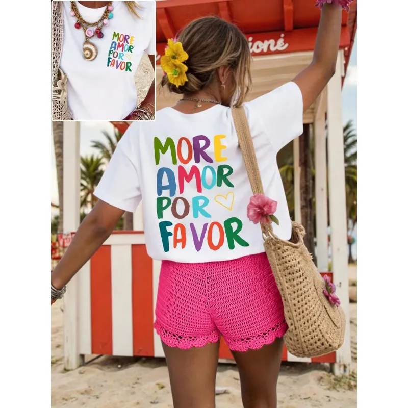 “More Amor Por Favor” Dopamine-Style Women’s T-Shirt with Heart-Shaped Letter Print—Casual Streetwear Short-Sleeve