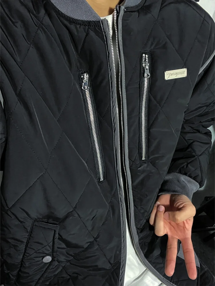 Men's Winter Thickened Warm Cotton Jacket Baseball Style Diamond Pattern Youth Fashionable Outerwear American Retro Coat