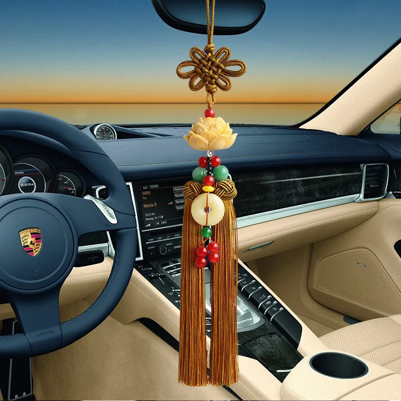 Chinese Knot Natural Obsidian Carved Lotus God of Fortune Amulet Lucky Pendant Silk Tassel keychain Fashion Jewelry 2022