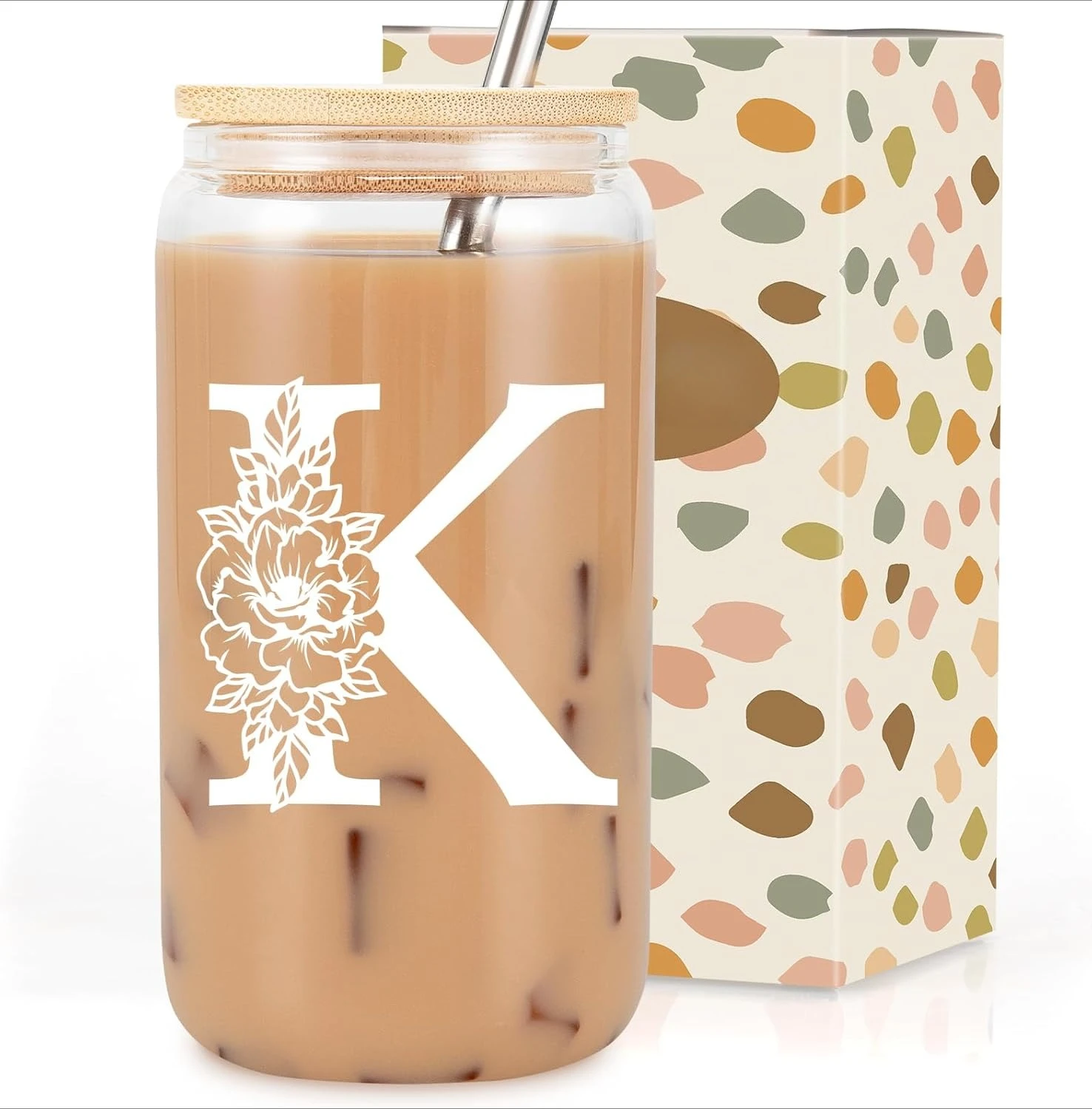 

Coolife Initial Glass Cup 16 oz with Lid Straw Set Personalized Monogrammed for Iced Coffee Smoothie Beer Tumbler Gift for Her