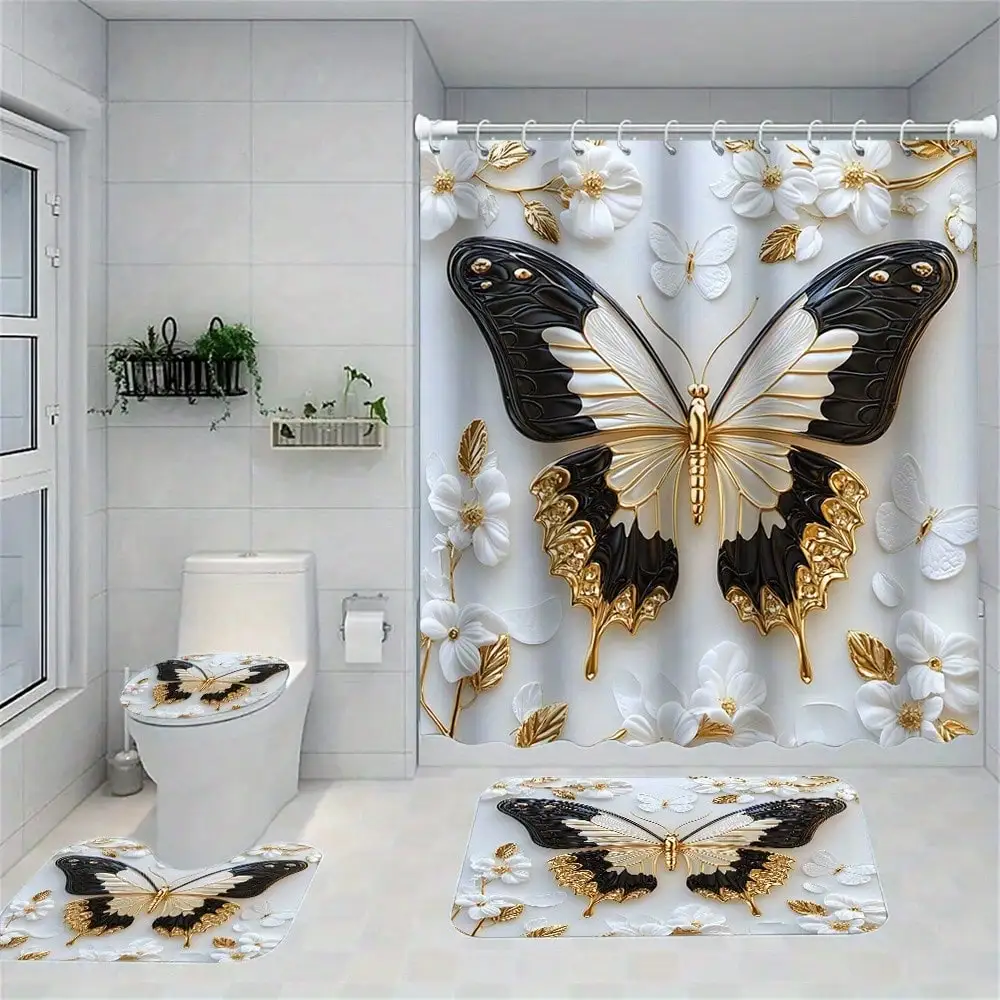 1/ 4pcs Platinum Butterfly Shower Curtain Set, Decorative Bathroom Set Includes Waterproof Shower Curtain, Non-Slip Floor Mat