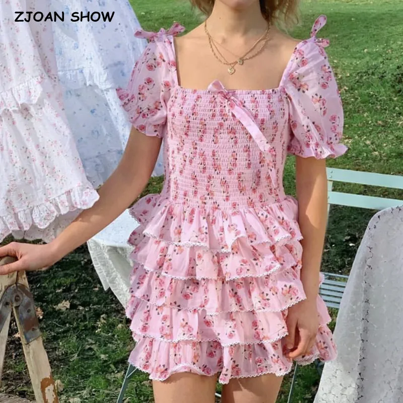 2022 Princess Pink Floral Print Bow Puff Sleeve Dress Women Elastic Ruched Body Spliced Short Party Dresses Slim fit Vestido