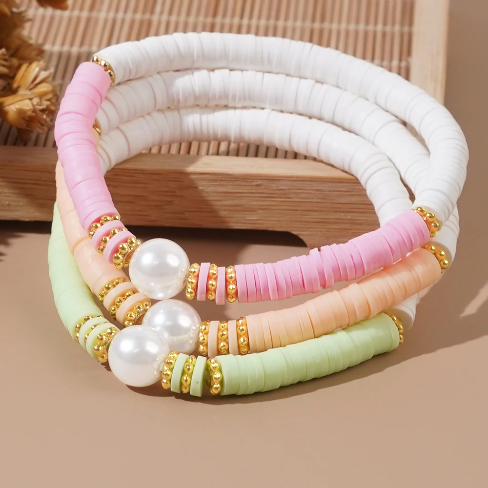 3pc/set Imitation Pearl Snowflake Three Color Soft Ceramic Bracelet Handmade Customized 2024 Teenage Girl Surfing Trend Gift