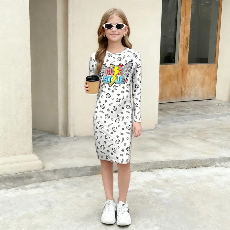 

2025 Girls "Cute Style" Pattern Casual Medium Dress - Long Sleeve Cartoon Printed Tights - Suitable for Kids Fashion Street Wear