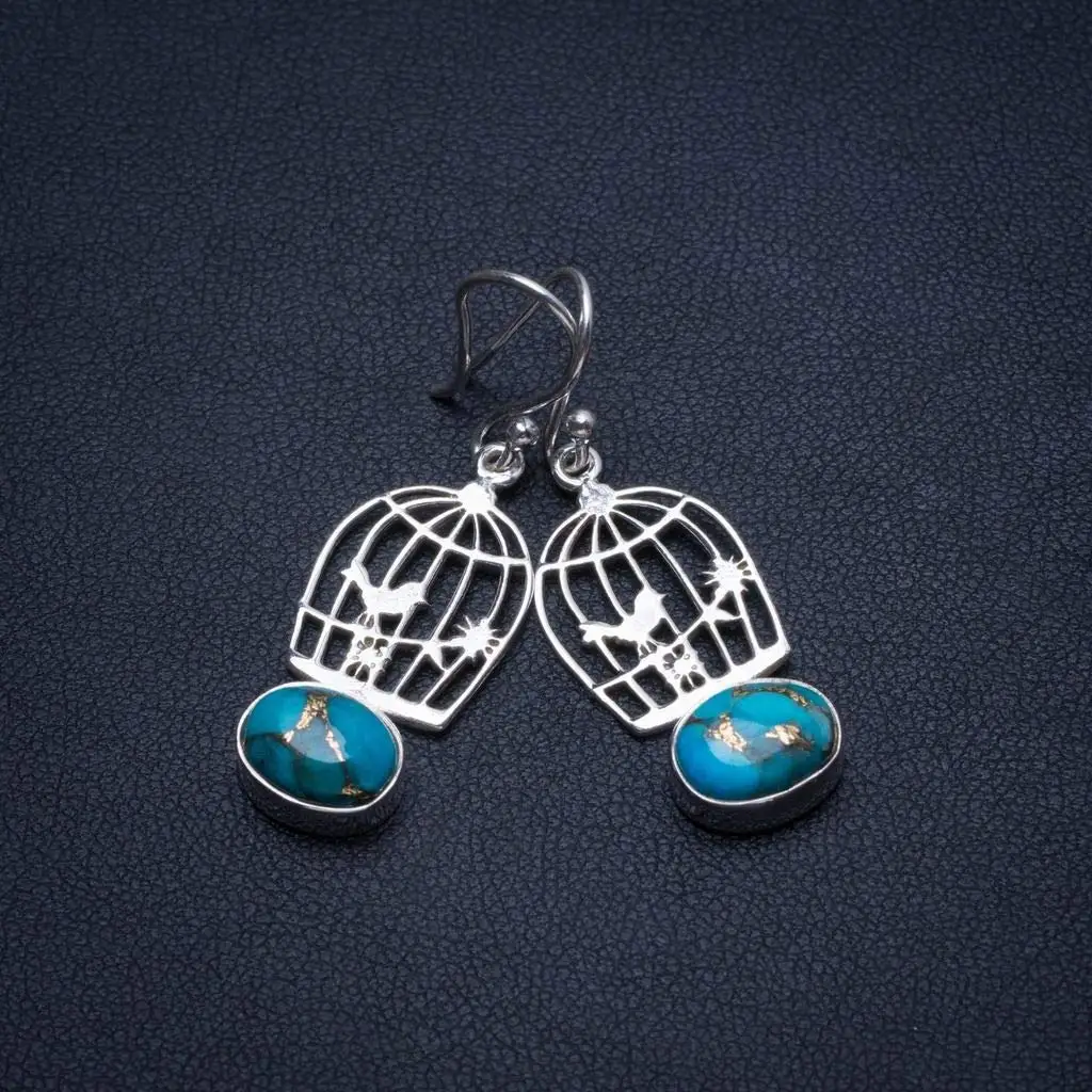 StarGems® Natural Copper Turquoise Birdcage Handmade Boho Bird Cage Shape 925 Sterling Silver Earrings 1 1/2