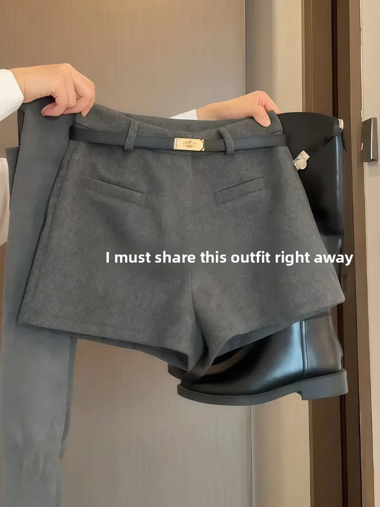 Gray Woolen High Waist Thickened Short Pants Women's Winter Outerwear Bootcut Pants Slimming Wraparound Casual Pure Color