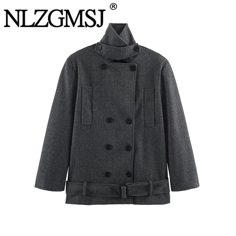 NLZGMSJ 2025 Autumn Winter Vintage Casual Chic Solid Women Belt Overcoat Double Breasted Oversized Jackets Fashion Coats