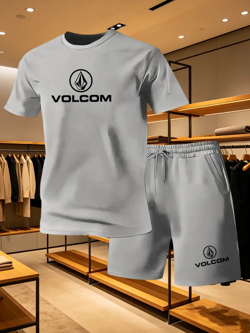 VOLCOM 2026 New Men's Casual Set, Lightweight Short Sleeved, Sports Quick Drying, Fitness, Breathable and Loose 2-piece Set